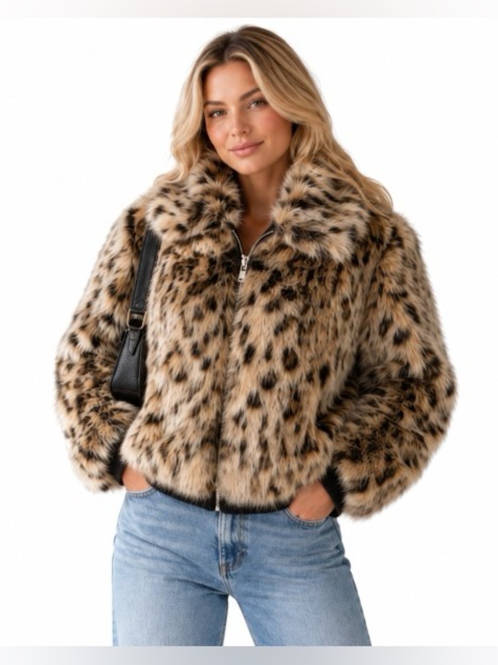 Badgley Mischka leopard faux fur western quilted puffer zip pocket jacket coat